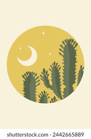 Aesthetic night bush with saguaro cactus illustration. Yellow tones, beige colors.