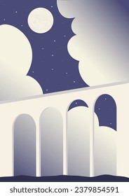 Aesthetic night illustration with clouds and bridge print. Transportation viaduct scene