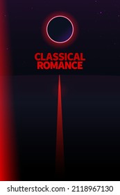 Aesthetic night road and eclipse moon with sample text layout, print poster background design, dark neon vaporwave mysterious feeling