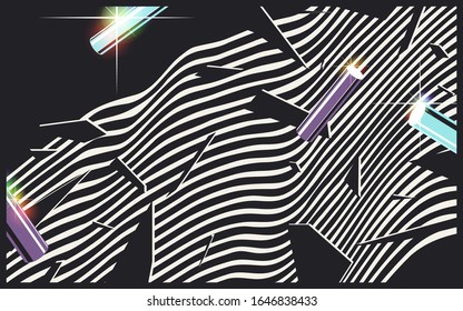 Aesthetic and nostalgic retro-future VHS 80s era style design template, geometric polygon shapes and wavy bars with rainbow light flare effects, black and white minimal template design