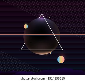 Aesthetic and nostalgic retro-future VHS style poster, card, cover design template, triangle line and sphere shape with grid line and mountain at bottom