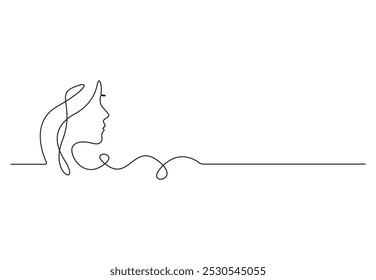Estético dibujo de una línea. Retrato femenino de línea continua. Abstractas retrato de mujer. Retrato femenino minimalista