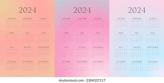 Aesthetic One Page 2024 Calendars Set. Wall Design with Annual Templates. Sunday Start.