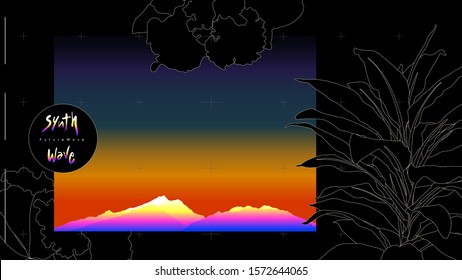 Aesthetic out-line black and white tropical plants and neon space mountain landscape, with digital elements background design template - nostalgic feelings