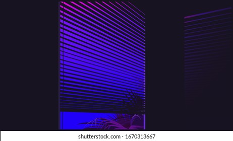 Aesthetic Palm Springs Louver Window View, Neon Purple Sky And Palm Tree, Dark Room Ambient With Glow Reflect On Wall, 80s Summer Vibe