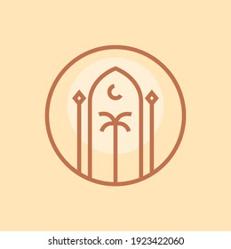 aesthetic palm tree monoline vector illustration with modern middle east architecture logo template design
