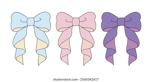 aesthetic pastel blue pink purple ribbon bow. decoration and dressing isolated drawing elements. vector illustration	