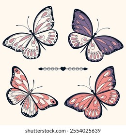 aesthetic pastel butterfly tattoo element shape illustration set.