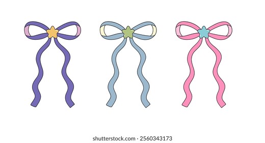 aesthetic pastel purple blue pink ribbon bow. decoration and dressing isolated drawing elements. vector illustration