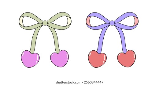 aesthetic pastel ribbon bow, heart pendant necklace decoration and dressing isolated drawing elements. vector illustration	