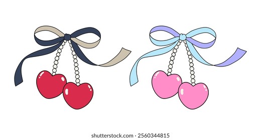 aesthetic pastel ribbon bow, heart pendant necklace decoration and dressing isolated drawing elements. vector illustration