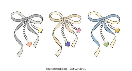 aesthetic pastel ribbon bow, star and heart pendant necklace decoration and dressing isolated drawing elements. vector illustration