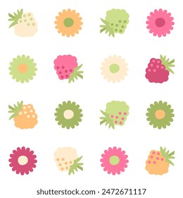 Aesthetic pattern with daisy flowers and raspberries. Summer retro print for curtain, tablecloth, textile and fabric. Hand drawn vector background for decor and design.