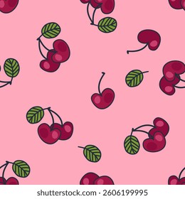 Aesthetic pattern with doodle cherries berries. Summer retro print for curtain, tablecloth, textile and fabric. Hand drawn vector background.



