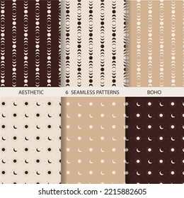 Aesthetic patterns. Boho patterns. Set of seamless pattern with sun and moon in boho and aesthetic style. Vector Illustration.