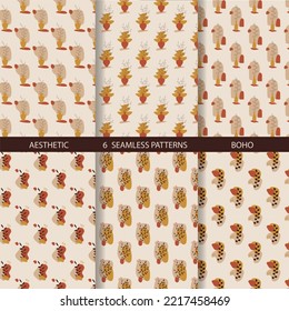 Aesthetic patterns. Boho patterns. Set of seamless pattern with leaves, vases, geometric shapes and dots in boho and aesthetic style. Vector Illustration.