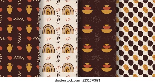 Aesthetic patterns. Boho patterns. Set of seamless pattern with leaves, vases, rainbows, dots and geomtric shapes in boho and aesthetic style. Vector Illustration.