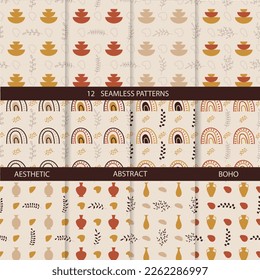 Aesthetic patterns. Boho patterns. Set of seamless pattern with rainbows, leaves, vases and abstract shapes in boho and aesthetic style. Vector Illustration.