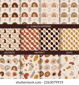 Aesthetic patterns. Boho patterns. Set of seamless pattern with rainbows, sun, leaves, and abstract shapes in boho and aesthetic style. Vector Illustration.