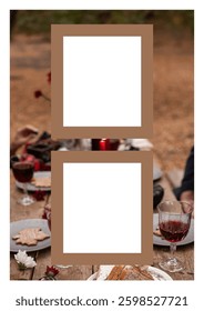 Aesthetic photo collage template with beige brown autumn decor in the background. Frames with a neutral beige tone, artwork for memories and any project, for advertisement and album