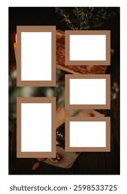 Aesthetic photo collage template with flowers, books and food on a brown background. Frames with a neutral tone, artwork for memories and any project, for advertisement, album