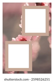 Aesthetic photo collage template with soft pink blossoms in the background. Frames with a neutral tone, artwork for memories and adding a touch of creativity to any project, for advertisement