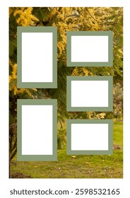 Aesthetic photo collage template with spring flowers mimosa on a background. Frames with a neutral tone, artwork for memories and any project, for advertisement, album
