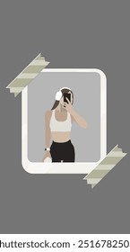 Imagen estética en el marco Fitness Mujer femenina en auriculares y la forma del cuerpo de la suite deportiva que hace el diseño del Vector de Selfie