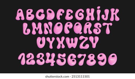 Aesthetic Pink Alphabet. 3D font glossy pink bubble in y2k style. Vector realistic shiny plastic pink inflated balloons English alphabet and numerals. Modern letterings