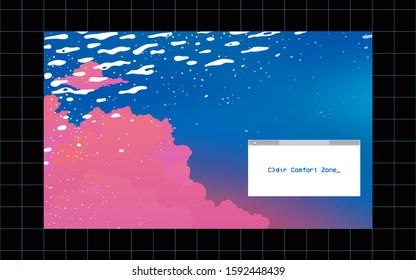 Aesthetic pink cloud and blue sky with reflect water surface ripple shape and OS style frame border, dreamy nostalgic feelings background template design