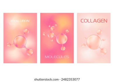 Aesthetic pink collagen peptide or hyaluronic acid molecule poster set, serum chemical formula. Beauty treatment nutrition skincare background with copy space. Medical and scientific concepts.