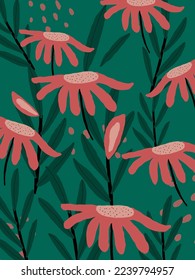 Aesthetic Pink flowers patterns on green background vector, illustrations for wallpaper, templates, phone case pillow designs, art prints, etc