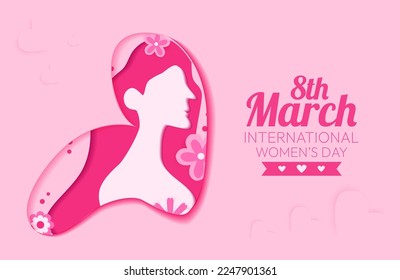 Aesthetic Pink Paper Cut International Women’s Day with Flowers Ornament Holiday Background Design