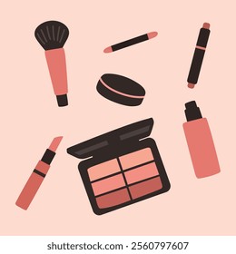 aesthetic pink women makeup make up tool illustration set.