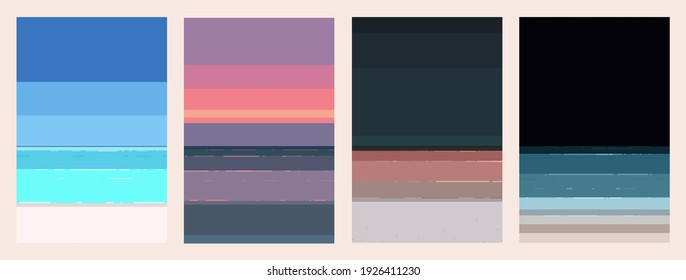 Aesthetic Pixels Sea And Beach Background From Daytime To Nighttime, Light And Cool Pastel Colour Beach Vibe Set Illustration, Minimal Design