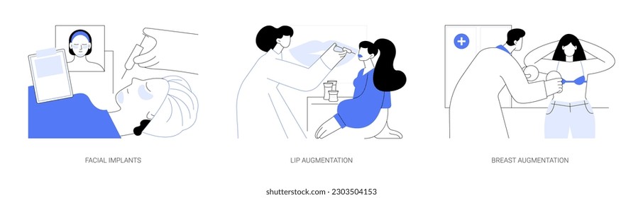 Aesthetic plastic surgery abstract concept vector illustration set. Facial implants, lip augmentation, breast silicon implants, jaw reshaping, hyaluronic acid injection, mammoplasty abstract metaphor.