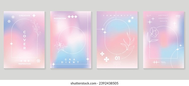 Aesthetic poster design set. Cute gradient holographic background vector with pastel colors, flower, geometric shape. Beauty ideal design for social media, cosmetic product, promote, banner, ads.