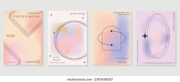Conjunto de diseño de afiches estéticos. Vector de fondo holográfico de gradiente de corte con colores pastel, formas geométricas. Diseño ideal de belleza para medios sociales, productos cosméticos, promociones, banner, anuncios.