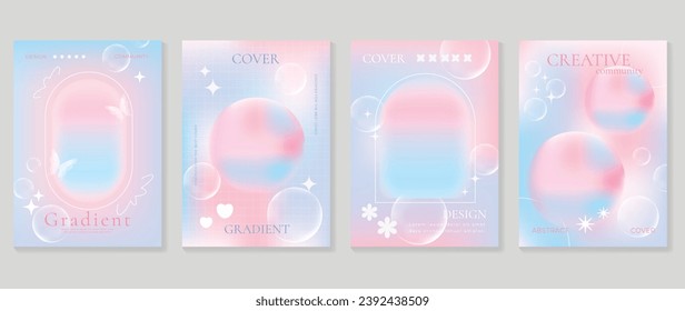 Conjunto de diseño de afiches estéticos. Vector de fondo holográfico de gradiente con malla gradiente, mariposa, forma geométrica. Diseño ideal de belleza para medios sociales, productos cosméticos, promociones, banner, anuncios.