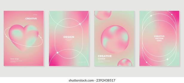 Aesthetic poster design set. Cute gradient holographic background vector with geometric shape, gradient mesh heart, bubble. Beauty ideal design for social media, cosmetic product, promote, banner, ads