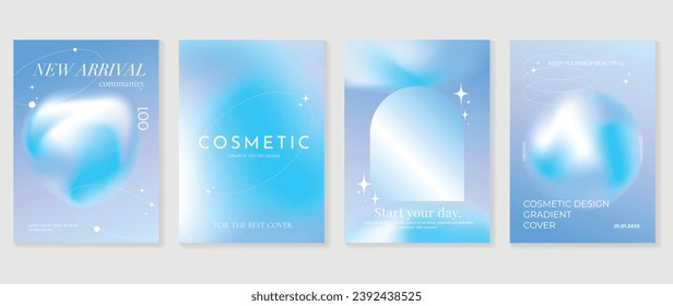 Aesthetic poster design set. Cute gradient holographic background vector with gradient mesh bubble, geometric shape. Beauty ideal design for social media, cosmetic product, promote, banner, ads.