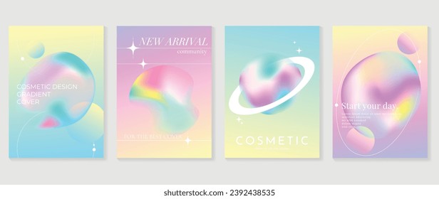 Conjunto de diseño de afiches estéticos. Vector de fondo holográfico de gradiente con burbuja de malla gradiente, forma geométrica. Diseño ideal de belleza para medios sociales, productos cosméticos, promociones, banner, anuncios.