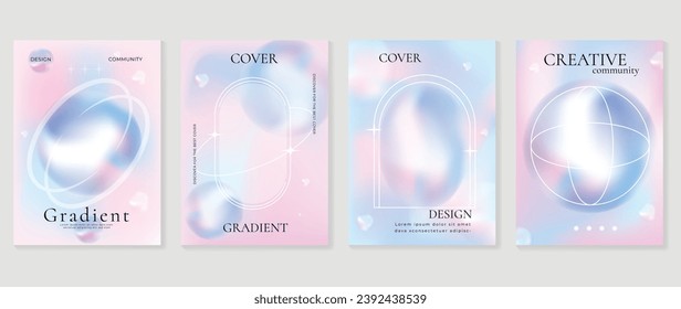 Conjunto de diseño de afiches estéticos. Vector de fondo holográfico de gradiente con forma geométrica, burbuja de malla gradiente. Diseño ideal de belleza para medios sociales, productos cosméticos, promociones, banner, anuncios.