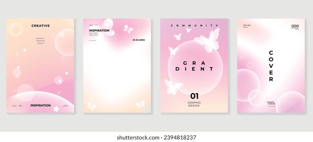 Aesthetic poster design set. Cute gradient holographic background vector with geometric shape, gradient bubble, butterfly. Beauty ideal design for social media, cosmetic product, promote, banner, ads.