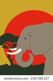 Aesthetic poster with elephant in savannah illustration. Colorful sunset on African continent
