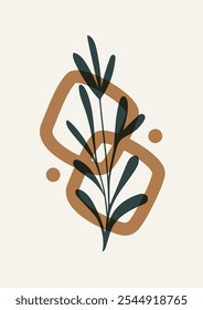 Aesthetic poster with leaf and geometric elements. Nature element concept hand drawn illustration