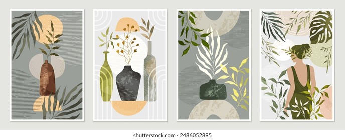 Aesthetic poster modern set. Artistic illustration boho cards. Woman in garden, green plant, contemporary art vogue. Watercolor pattern minimal, geometric vase. Flowers in pots. Vector abstract design