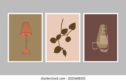 Aesthetic posters or greeting cards. Set of modern hand drawn illustrations. Can be used for interior decor, wall art, tote bag, t-shirt print.