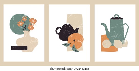 Aesthetic posters in a minimalist vintage style. Illustrations for social media, web design, covers. A set of three abstract backgrounds with still life, vases, plants, fruits, geometric shapes.