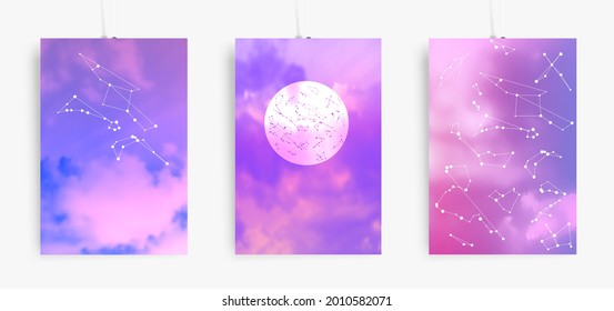 Aesthetic posters with sky and constellations. Trendy illustrations set